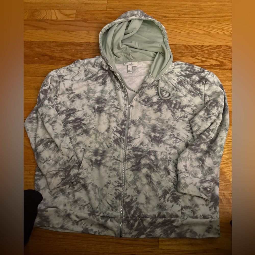 H Halston StudioTie Dye Full Zip Hooded Sweat Shirt Gray and Wh Marbled SZ XL